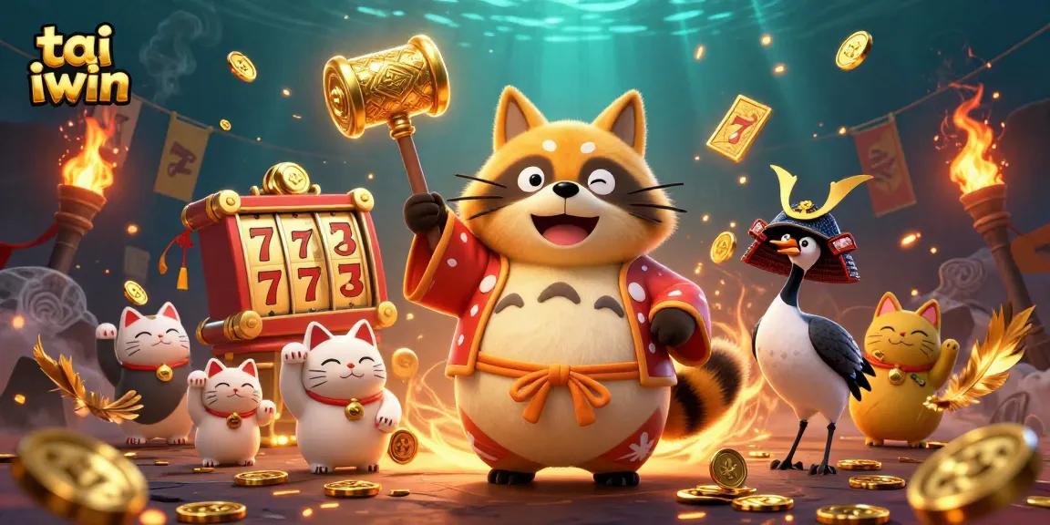 Engage with tai iwin by spinning slots with a cheerful tanuki and lucky symbols in a vibrant scene.