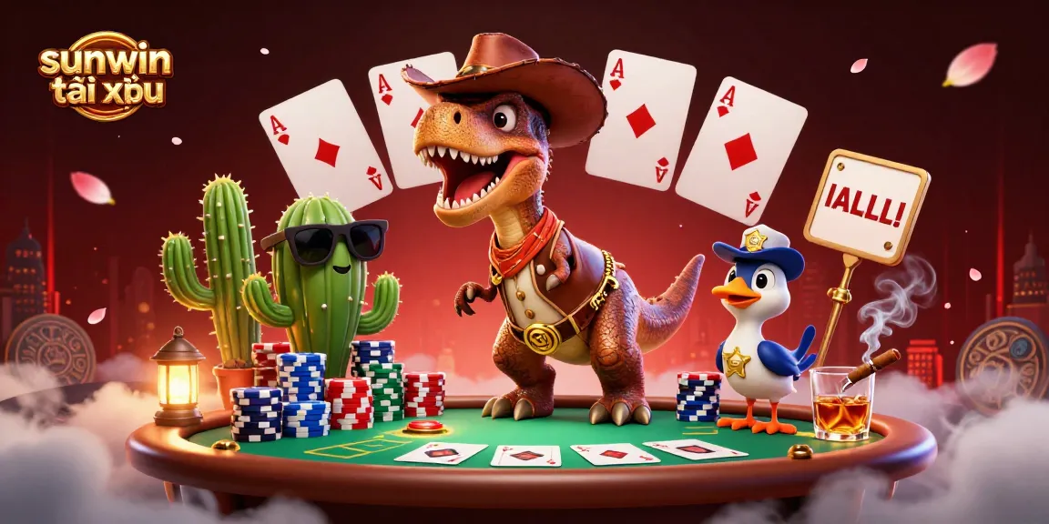 Engage in sunwin tài xỉu with vibrant characters at a dynamic poker table filled with colorful chips.