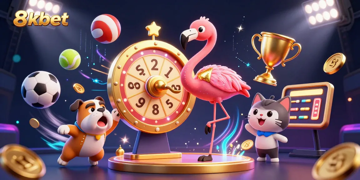 8xbet promotional scene with flamingo game host, bulldog contestant, and sports elements all around