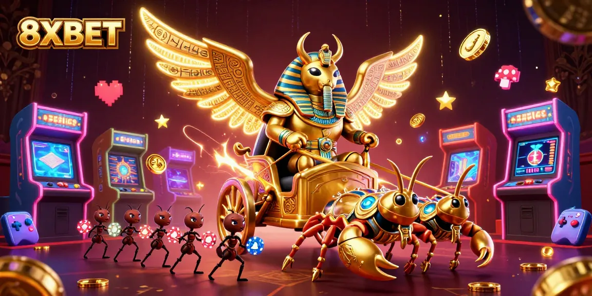 8XBET offers a vibrant casino experience featuring a golden scarab and jewel-encrusted scorpions.