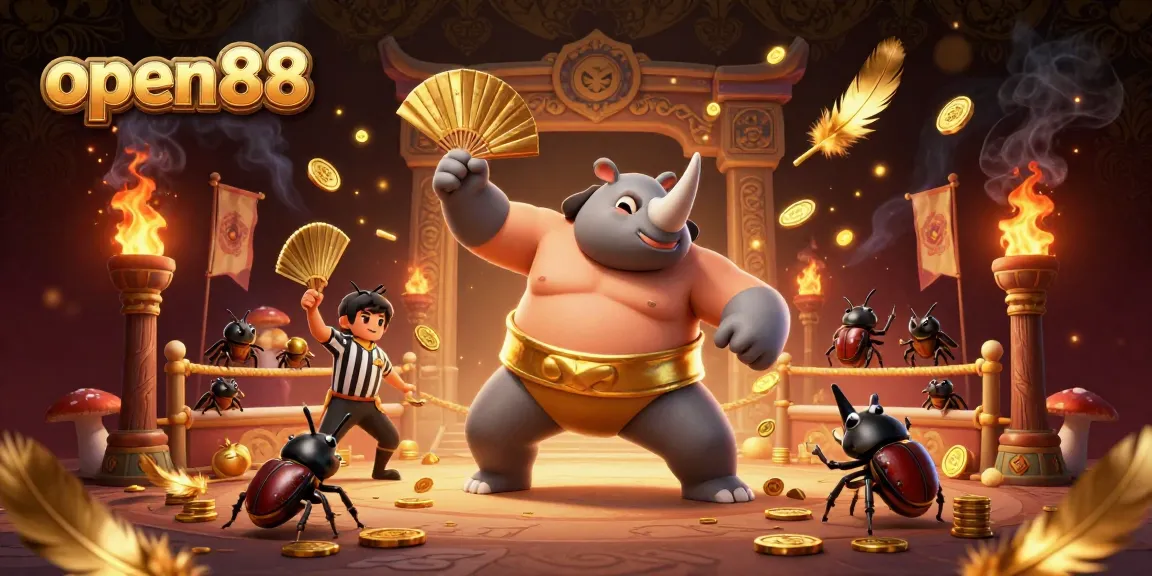Experience thrilling action at open88 with a 3D champion beetle sending coins flying in a packed casino arena.