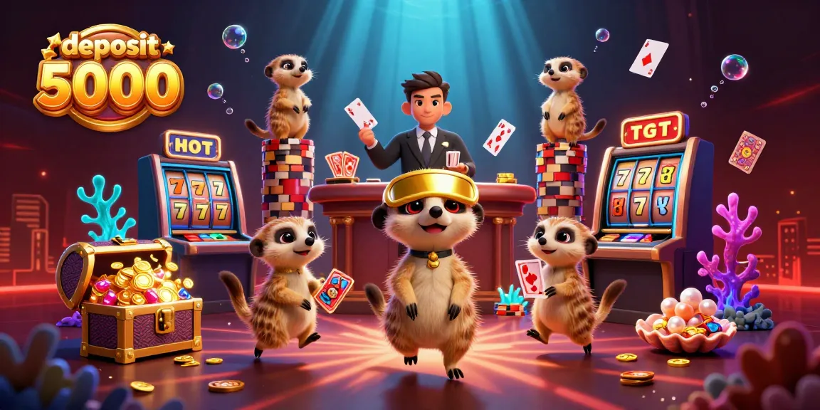 Experience exciting gameplay with deposit 5000 amidst a vibrant cartoon casino scene of meerkats.