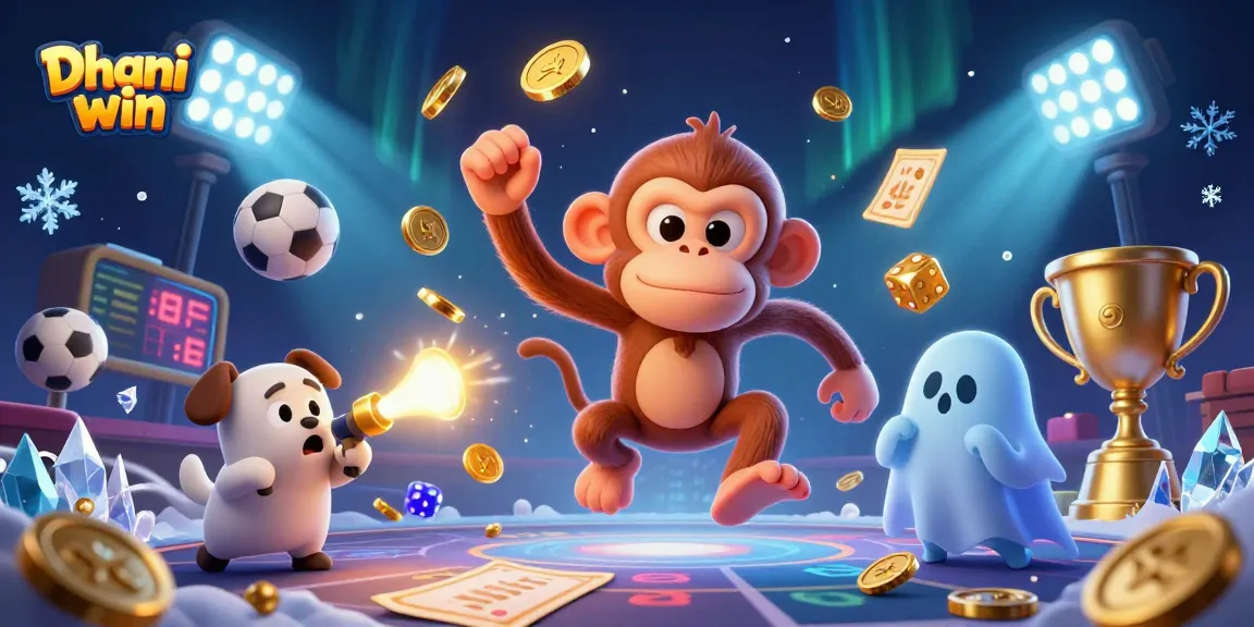Dhani win players track a mischievous monkey juggling golden gaming elements in a vibrant casino.
