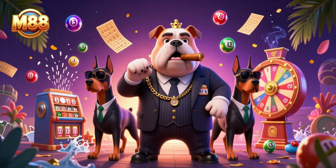 Experience thrilling M88 gameplay with a vibrant scene of characters amidst money rain and lottery excitement.