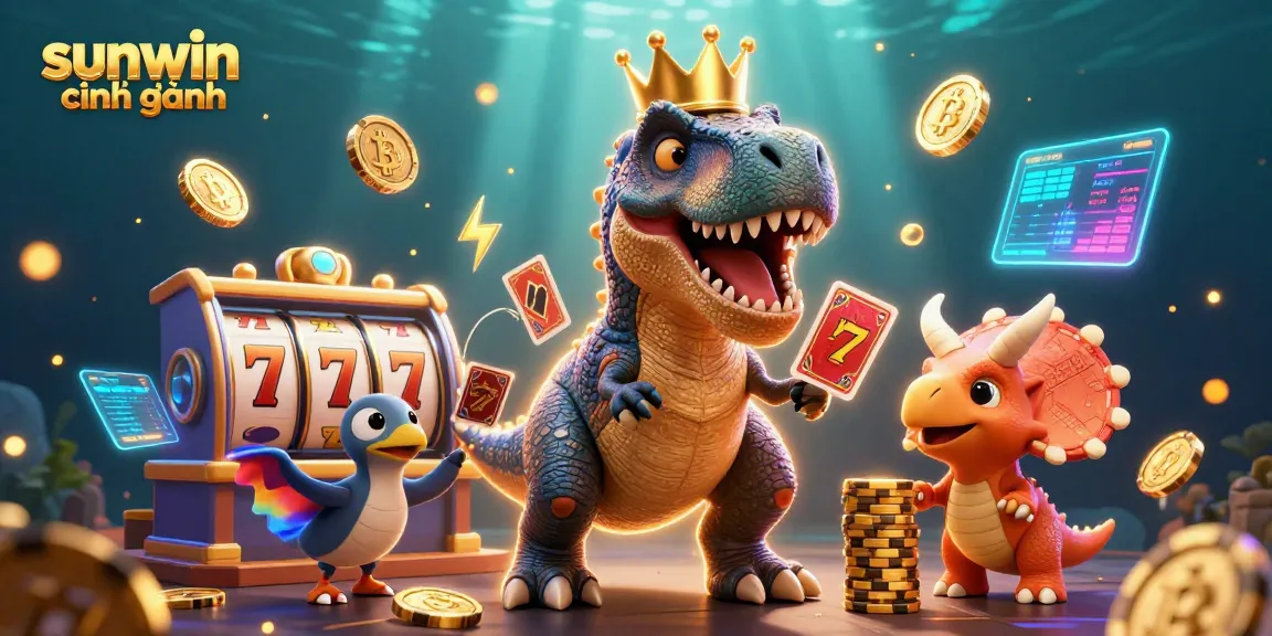 Engage with sunwin chính hãng as playful dinosaurs shuffle cards and stack chips in a vibrant casino scene.