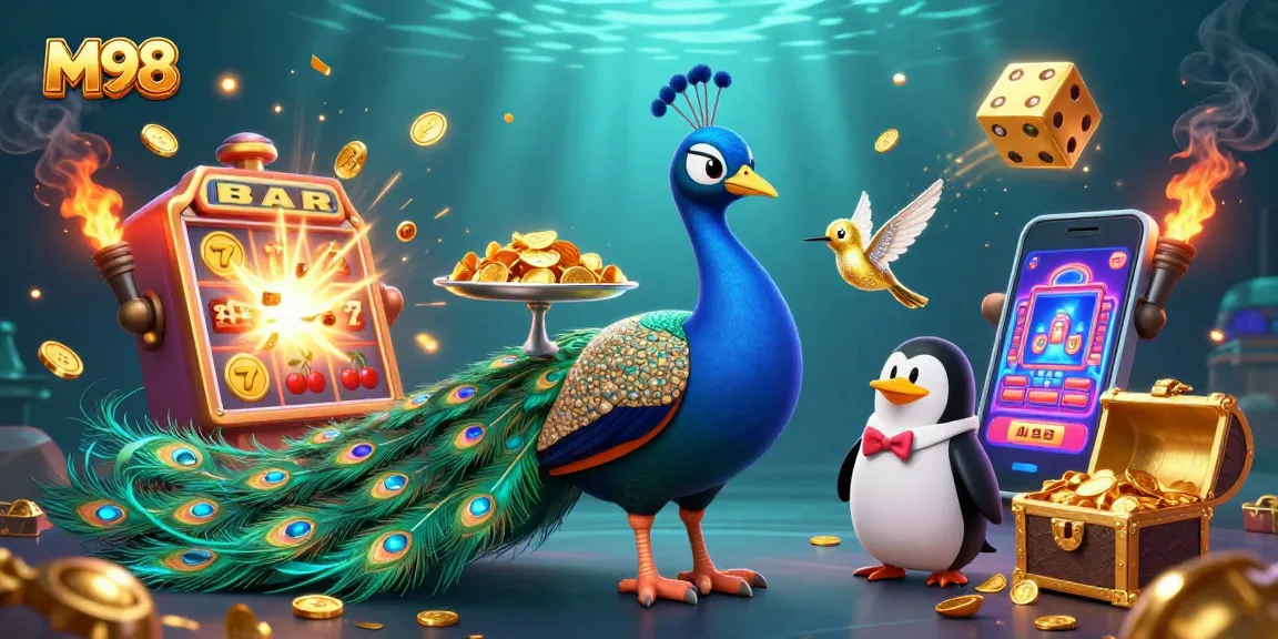 M98 offers thrilling gaming experiences with a vibrant casino scene featuring extravagant characters and dynamic elements.