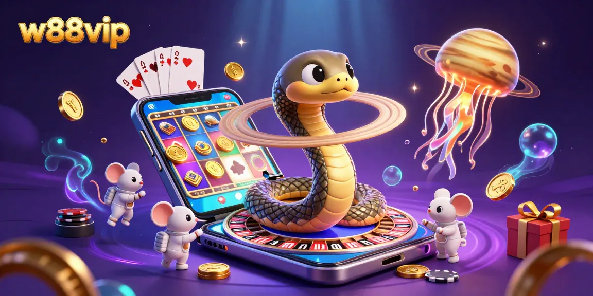 Experience winning strategies with w88vip in an animated cosmic casino scene packed with details.
